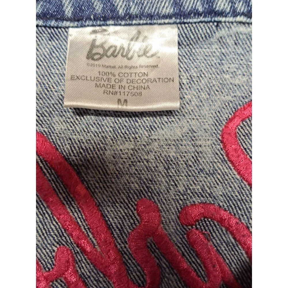 Barbie Girl's Blue Acid Wash Pink Embroidered Jean Denim Jacket Girl Size Medium